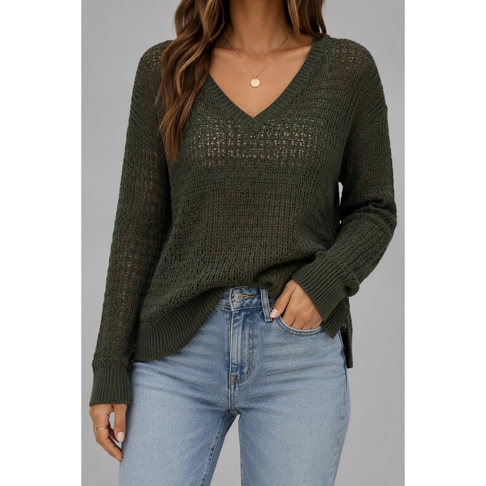 American Eagle Olive Green Open Knit V-Neck Sweater Small Lightweight